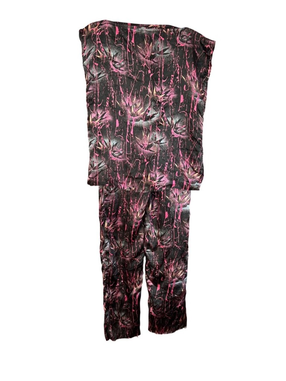80s fine Silk Pants & Top Set Abstract Pink & Black Print Vintage Style